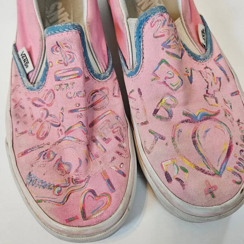 Vans Classic Slip On Shoe Sneaker Hand Painted Upcycle Light Pink‎ Women's 6.5